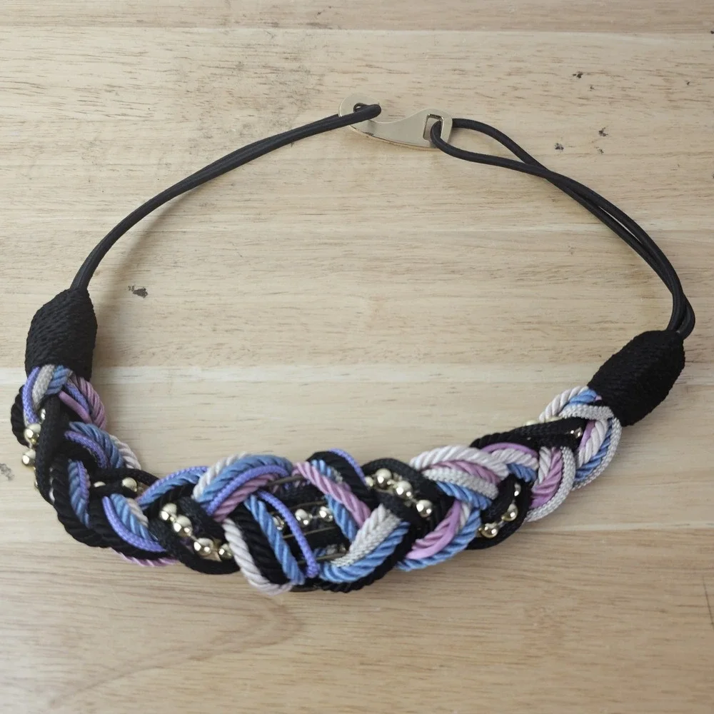 Vintage 1980's Braided Rope Cord Brass Buckle Belt Statement Purple Black Boho‎